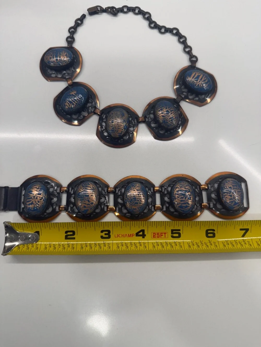 Vintage Artisan Mixed Metal Blue Cabochon Necklace & Bracelet Set